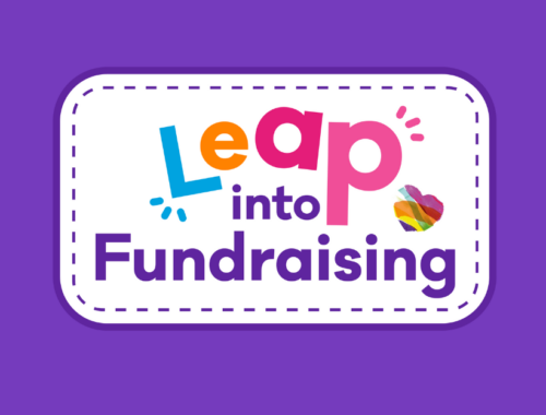 A purple background with a white rounded rectangle and text 'Leap into Fundraising' in it