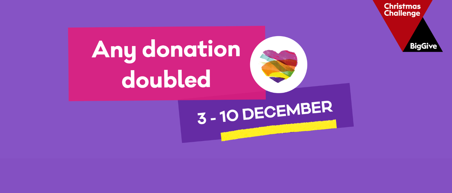 A purple background with text 'Any donation double 3 - 10 December.'