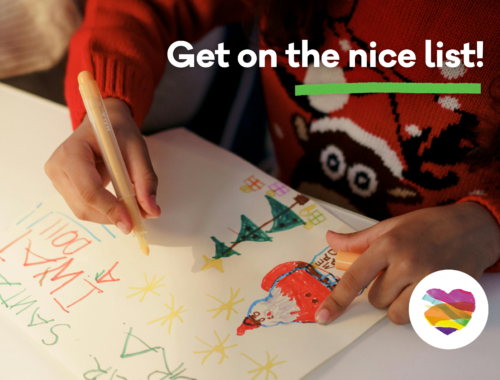 Two children's hands holding coloured pens drawing and writing letters to Santa. Text in white says 'Get on the nice list!'