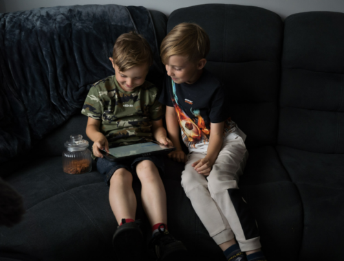 Two brothers sitting together on a sofa using their tablet